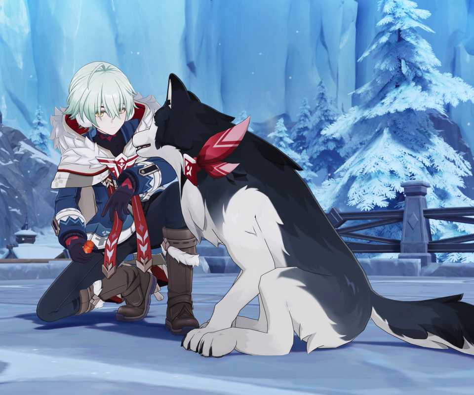 Genshin Impact Snezhnaya Alyosha with dog official screenshot