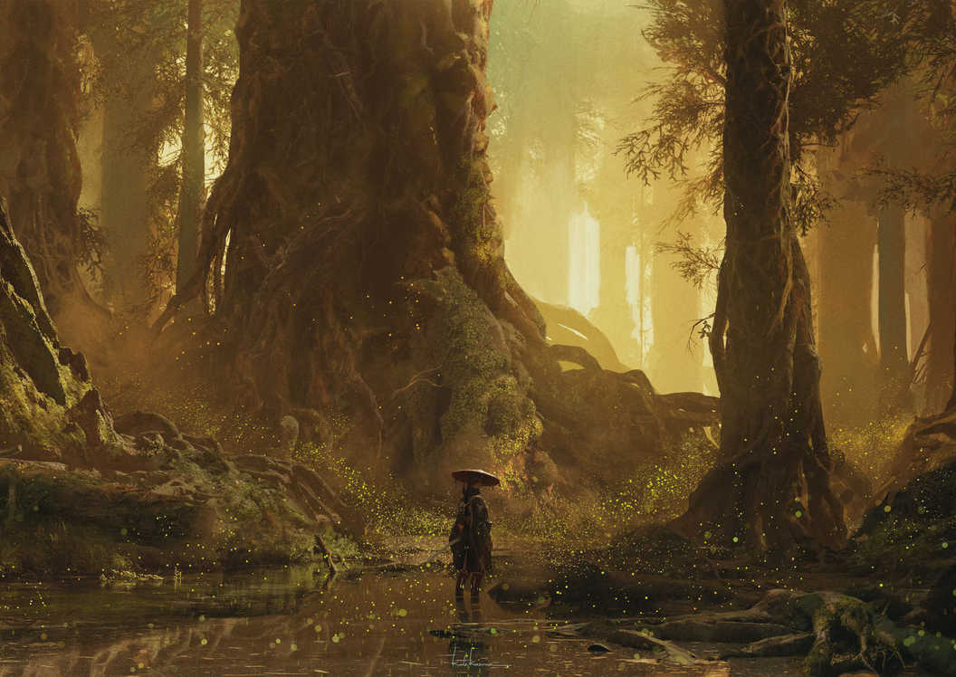 A foggy swamp featuring a character in a swamp