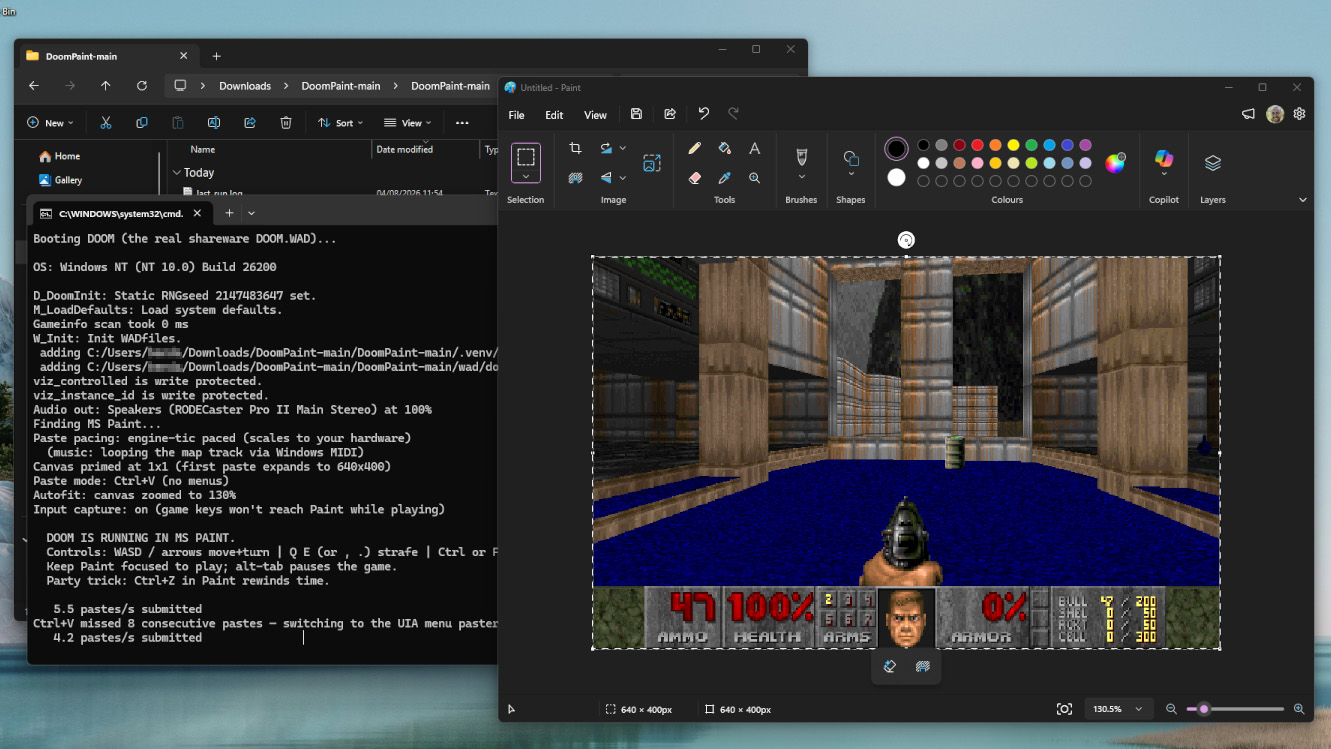 DoomPaint essentially pastes constantly overlapping screenshots into Paint, but it's surprisingly playable.